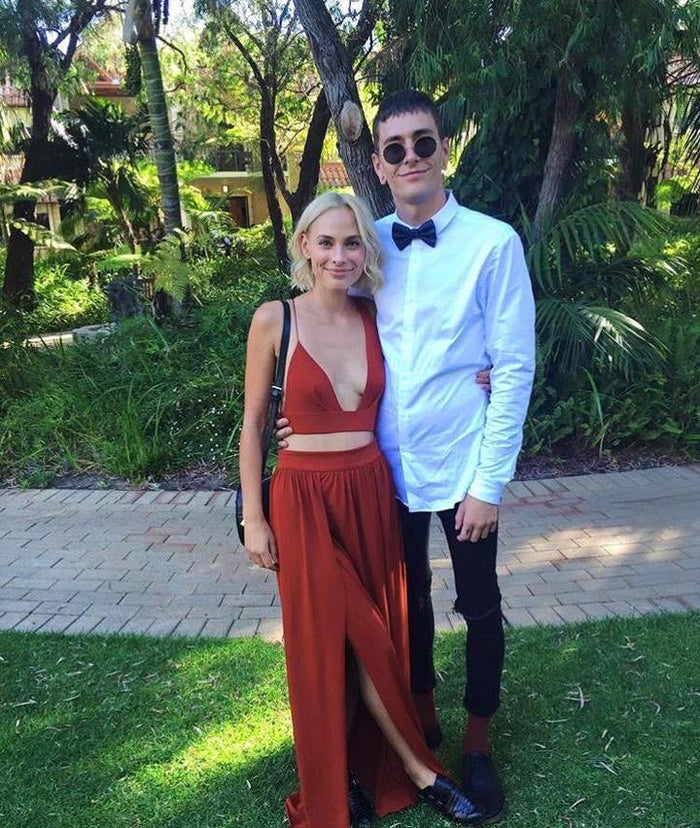 A Line 2 Pieces Backless Burgundy Prom Dress with Slit, 2 Pieces Formal Dresses, Graduation Dresses
