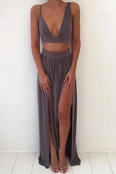 A Line 2 Pieces Backless Burgundy Prom Dress with Slit, 2 Pieces Formal Dresses, Graduation Dresses