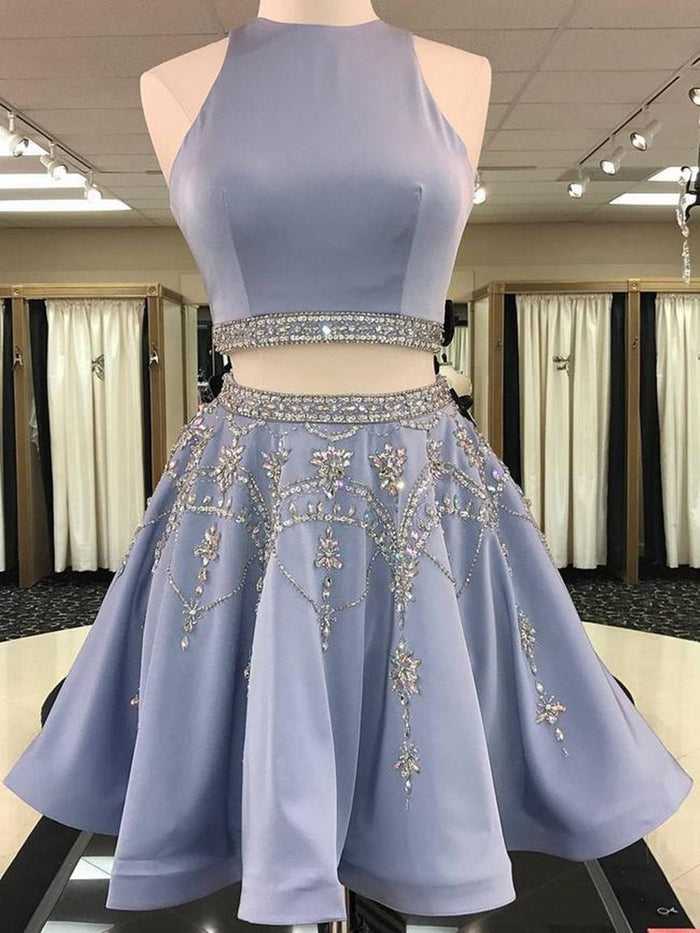 A Line 2 Pieces Beaded Satin Prom Dresses, 2 Pieces Homecoming Dresses, Formal Dresses, Graduation Dresses