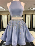 A Line 2 Pieces Beaded Satin Prom Dresses, 2 Pieces Homecoming Dresses, Formal Dresses, Graduation Dresses