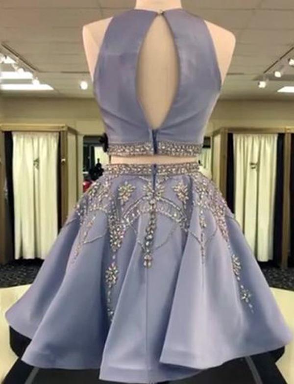 A Line 2 Pieces Beaded Satin Prom Dresses, 2 Pieces Homecoming Dresses, Formal Dresses, Graduation Dresses