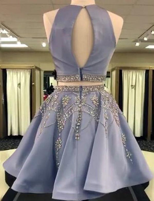 A Line 2 Pieces Beaded Satin Prom Dresses, 2 Pieces Homecoming Dresses, Formal Dresses, Graduation Dresses