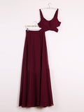 A Line 2 Pieces Floor Length Burgundy Chiffon Prom Dress, 2 Pieces Burgundy Formal Dresses, Bridesmaid Dresses