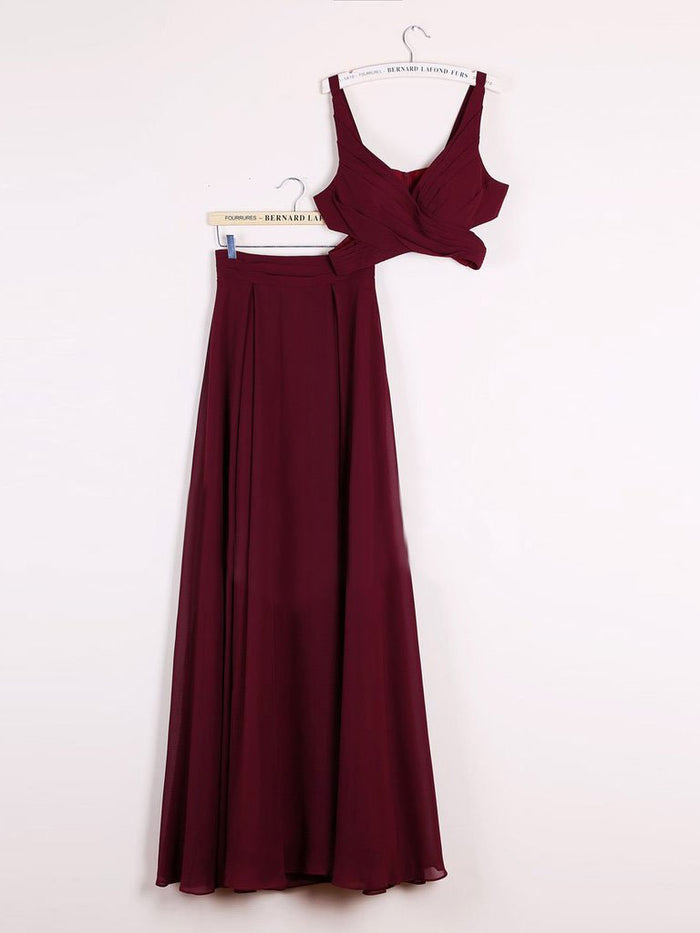 A Line 2 Pieces Floor Length Burgundy Chiffon Prom Dress, 2 Pieces Burgundy Formal Dresses, Bridesmaid Dresses