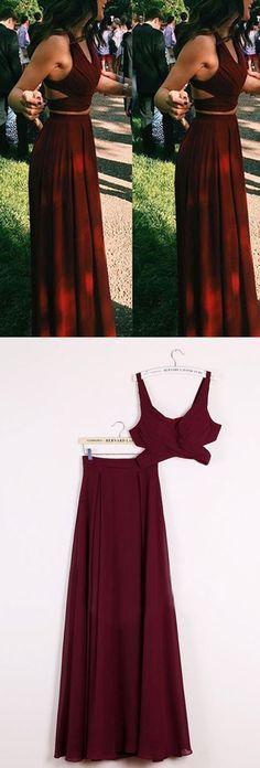 A Line 2 Pieces Floor Length Burgundy Chiffon Prom Dress, 2 Pieces Burgundy Formal Dresses, Bridesmaid Dresses