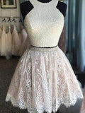 A Line 2 Pieces Short Lace Prom Dresses, 2 Pieces Lace Homecoming Dresses, Formal Dresses
