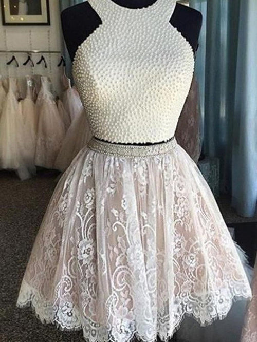 A Line 2 Pieces Short Lace Prom Dresses, 2 Pieces Lace Homecoming Dresses, Formal Dresses