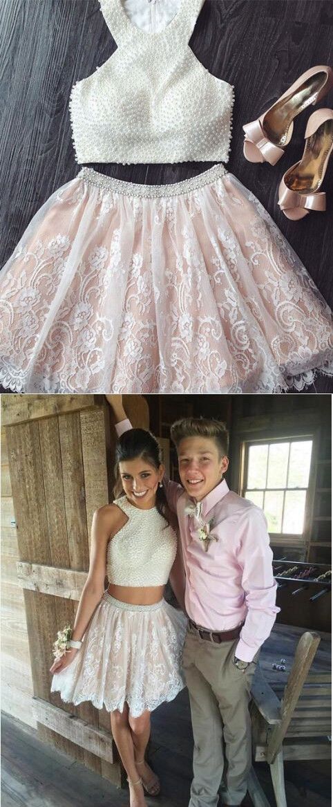 A Line 2 Pieces Short Lace Prom Dresses, 2 Pieces Lace Homecoming Dresses, Formal Dresses