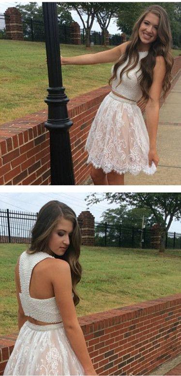 A Line 2 Pieces Short Lace Prom Dresses, 2 Pieces Lace Homecoming Dresses, Formal Dresses