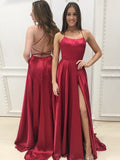 A Line Burgundy Backless Prom Dresses, Burgundy Backless Formal Dresses, Open Back Evening Dresses
