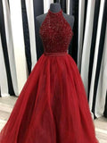 A Line Burgundy Prom Dress, Burgundy Long Formal Dress, Evening Dress with Tulle and Beading