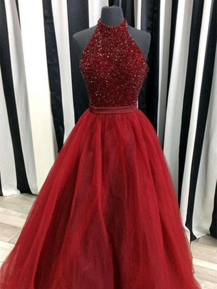 A Line Burgundy Prom Dress, Burgundy Long Formal Dress, Evening Dress with Tulle and Beading
