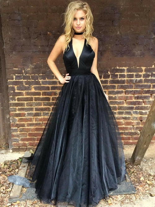 A Line Deep V Neck Black Prom Dress with Train, Black V Neck Graduation Dress