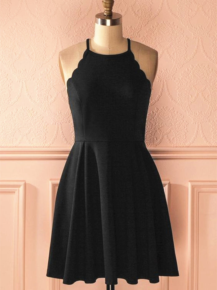 A Line Halter Neck Short Black Prom Dresses, Black Formal Dresses, Little Black Graduation Homecoming Dresses