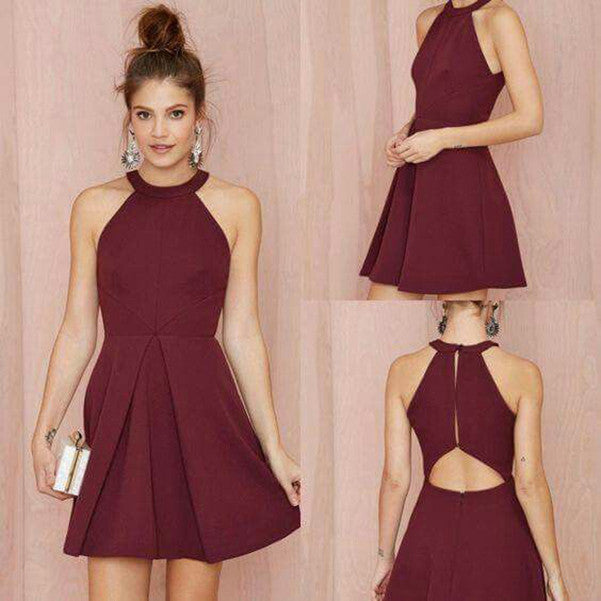 A Line Halter Neck Short Burgundy Prom Dresses, Short Burgundy Formal Dresses, Homecoming Graduation Dresses