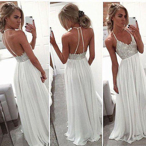 A Line Halter Neck White Backless Floor Length Chiffon Prom Dress, White Backless Formal Dress