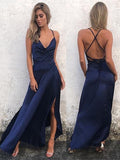 A Line Navy Blue Backless Prom Dress with Slit, Navy Blue Backless Formal Dress, Backless Graduation Dress