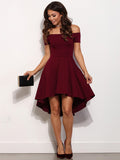 A Line Off Shoulder High Low Burgundy Prom Dress, High Low Formal Dress, Burgundy Graduation Dress, Homecoming Dress