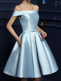 A Line Off Shoulder Light Blue Prom Dresses, Short Blue Graduation Dresses, Homecoming Dresses
