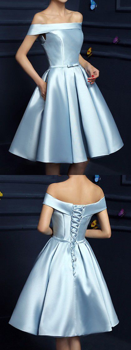 A Line Off Shoulder Light Blue Prom Dresses, Short Blue Graduation Dresses, Homecoming Dresses