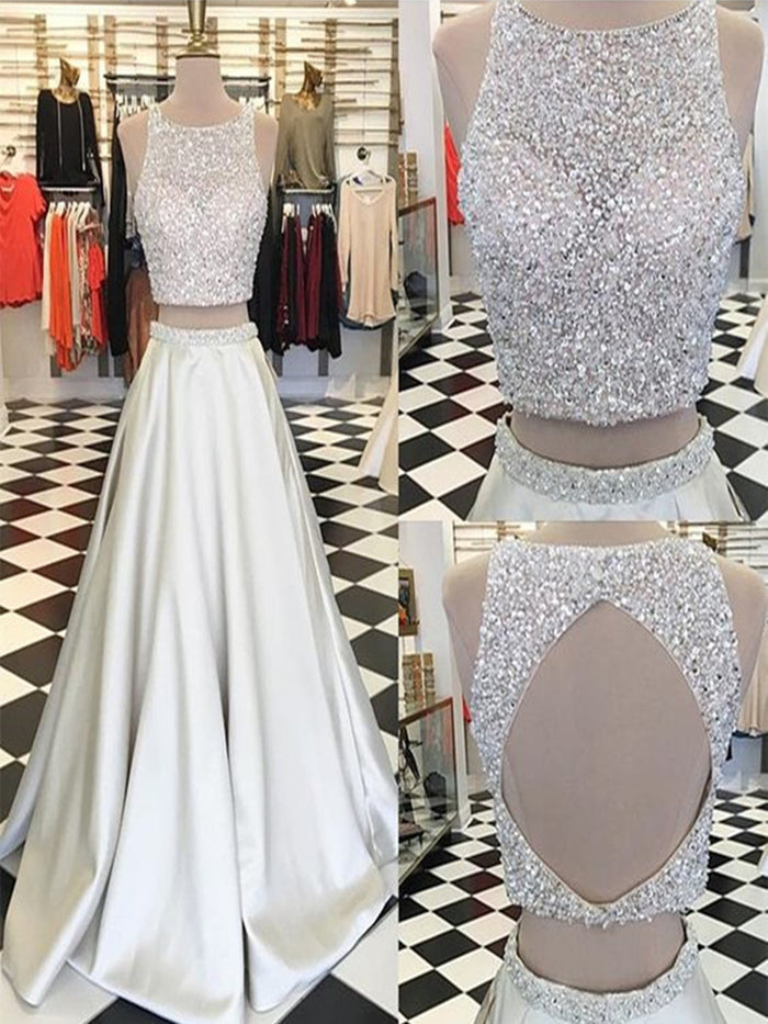 A Line Round Neck 2 Pieces Prom Dresses, 2 Pieces Formal Dresses, Party Dresses
