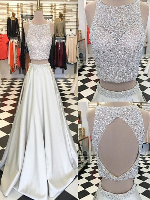 A Line Round Neck 2 Pieces Prom Dresses, 2 Pieces Formal Dresses, Party Dresses