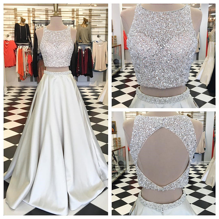 A Line Round Neck 2 Pieces Prom Dresses, 2 Pieces Formal Dresses, Party Dresses