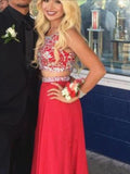 A Line Round Neck 2 Pieces Red Prom Dresses, Red 2 Pieces Formal Dresses