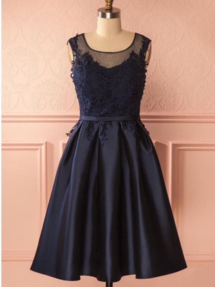A Line Round Neck Short Navy Blue Lace Prom Dresses, Navy Blue Lace Formal Dresses, Homecoming Graduation Dresses