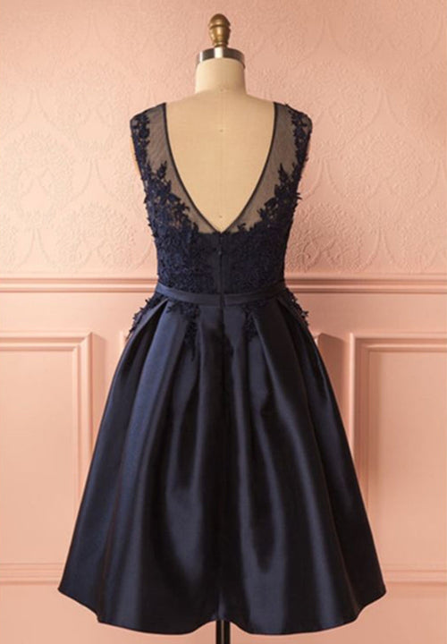 A Line Round Neck Short Navy Blue Lace Prom Dresses, Navy Blue Lace Formal Dresses, Homecoming Graduation Dresses