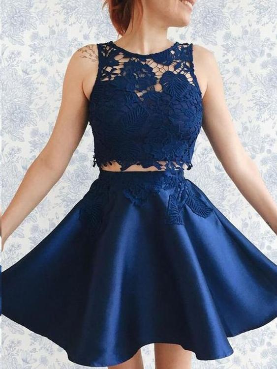 A Line Round Neck Dark Blue 2 Pieces Lace Prom Dresses, Dark Blue 2 Pieces Formal Dresses, Lace Homecoming Dresses