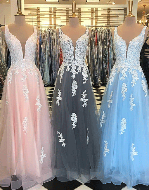 A Line Round Neck Gray Tulle Lace Prom Dresses, Gray Tulle Lace Graduation Dresses, Formal Dresses