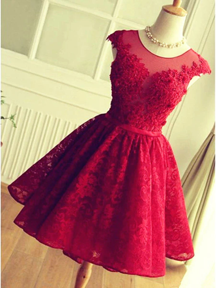 A Line Round Neck Short Burgundy Lace Prom Dresses, Short Lace Formal Dresses, Graduation Dresses, Homecoming Dresses