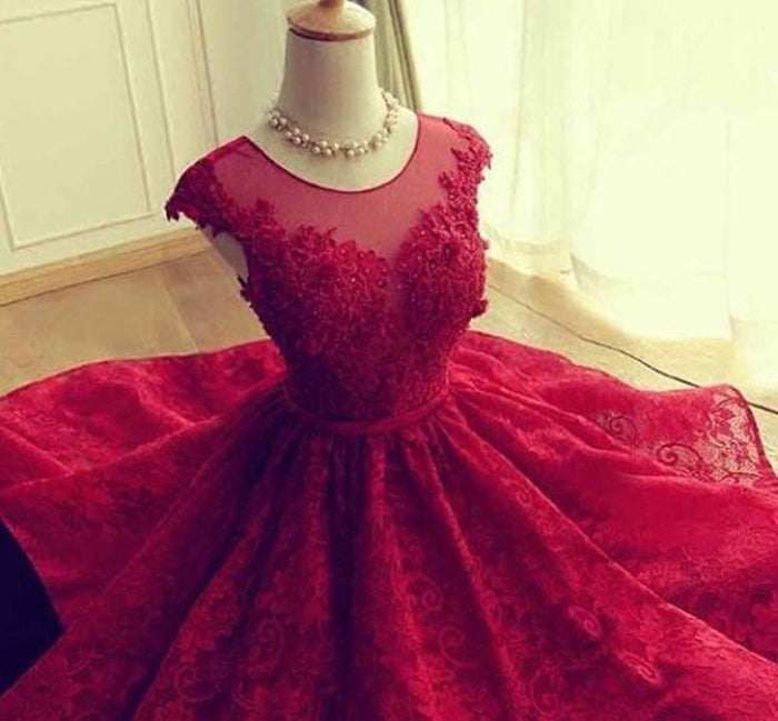 A Line Round Neck Short Burgundy Lace Prom Dresses, Short Lace Formal Dresses, Graduation Dresses, Homecoming Dresses