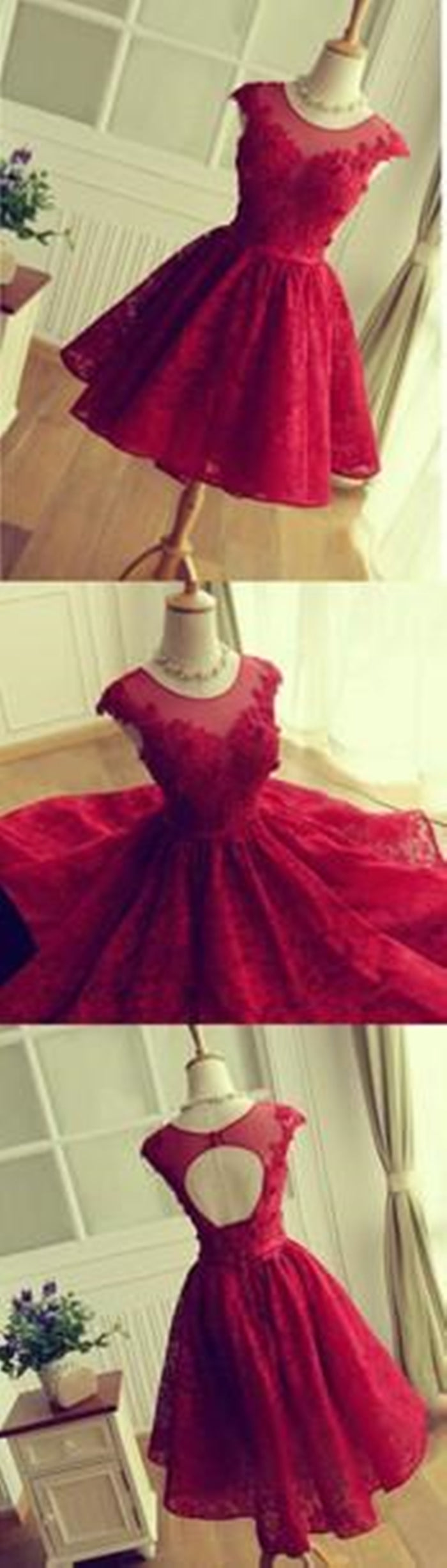 A Line Round Neck Short Burgundy Lace Prom Dresses, Short Lace Formal Dresses, Graduation Dresses, Homecoming Dresses