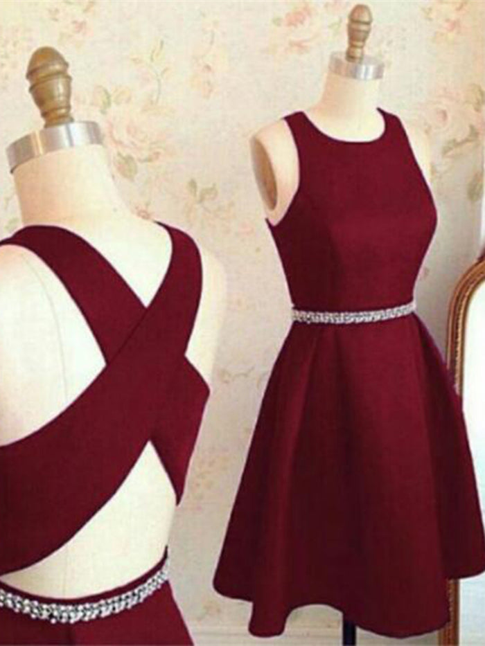 A Line Round Neck Short Burgundy Prom Dress with Cross Back, Short Burgundy Graduation Dress, Homecoming Dresses