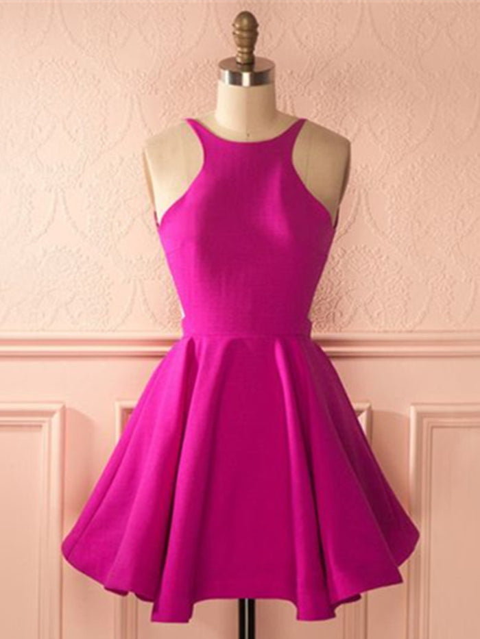 A Line Round Neck Short Fuchsia Prom Dress, Short Backless Graduation Dress, Homecoming Dresses