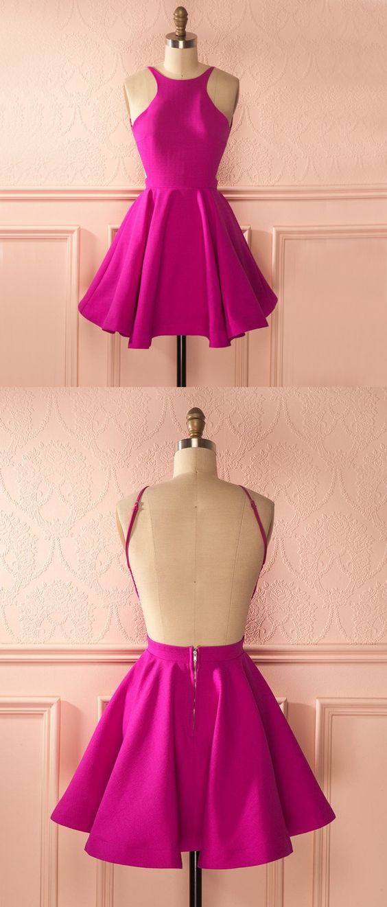 A Line Round Neck Short Fuchsia Prom Dress, Short Backless Graduation Dress, Homecoming Dresses