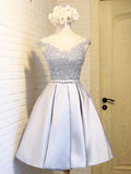A Line Round Neck Short Gray Lace Prom Dresses, Short Gray Lace Graduation Dresses, Short Gray Homecoming Dresses