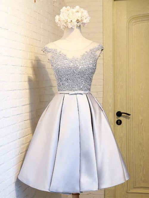 A Line Round Neck Short Gray Lace Prom Dresses, Short Gray Lace Graduation Dresses, Short Gray Homecoming Dresses