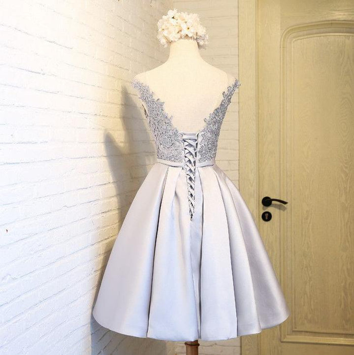 A Line Round Neck Short Gray Lace Prom Dresses, Short Gray Lace Graduation Dresses, Short Gray Homecoming Dresses
