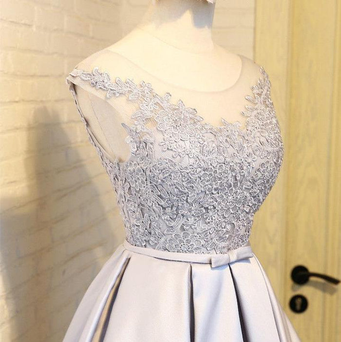 A Line Round Neck Short Gray Lace Prom Dresses, Short Gray Lace Graduation Dresses, Short Gray Homecoming Dresses