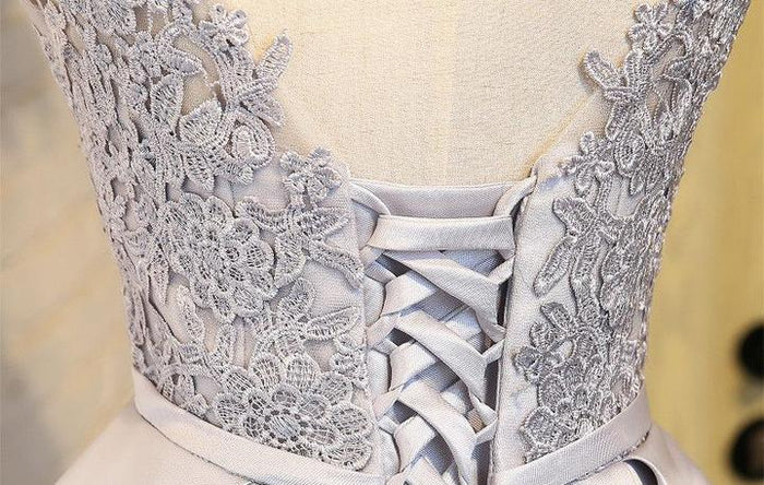 A Line Round Neck Short Gray Lace Prom Dresses, Short Gray Lace Graduation Dresses, Short Gray Homecoming Dresses