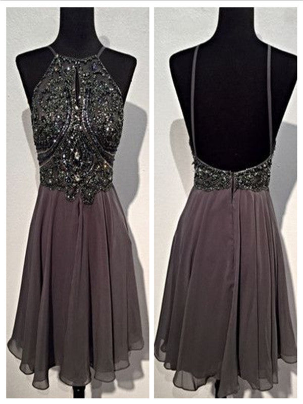 A Line Round Neck Grey Backless Short Prom Dress, Short Grey Backless Formal Dress, Homecoming Dress, Graduation Dress