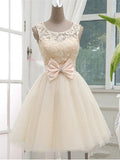 A Line Round Neck Short Ivory Lace Prom Dress, Short Champagne Lace Bridesmaid Dress, Lace Homecoming Dress, Lace Graduation Dress