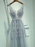 A Line Round Neck Sleeveless Lace Prom Dresses, Lace Bridesmaid Dresses, Formal Dresses