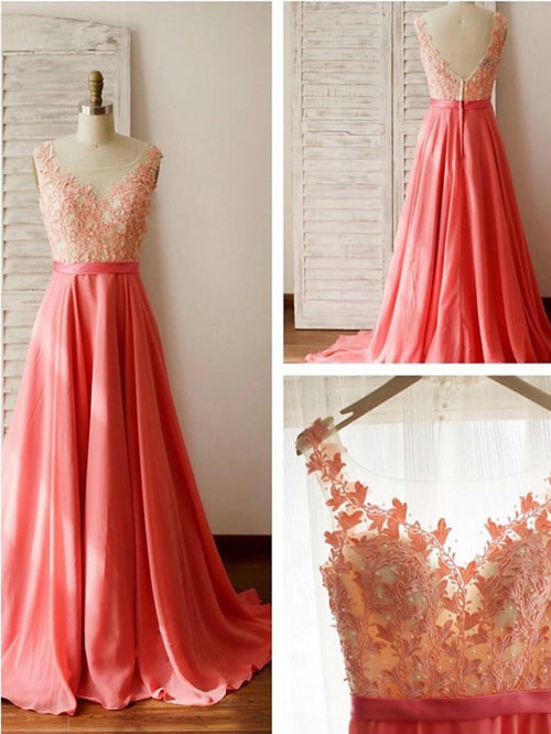 A Line Round Neck V Neck Back Long Lace Prom Dress, Long Lace Formal Dresses, Evening Dresses, Bridesmaid Dresses