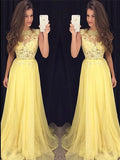 A Line Round Neck Yellow Lace Prom Dresses, Yellow Lace Graduation Dresses, Formal Dresses