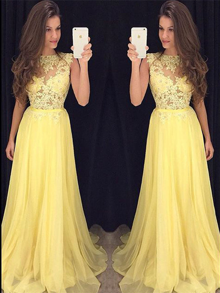 A Line Round Neck Yellow Lace Prom Dresses, Yellow Lace Graduation Dresses, Formal Dresses