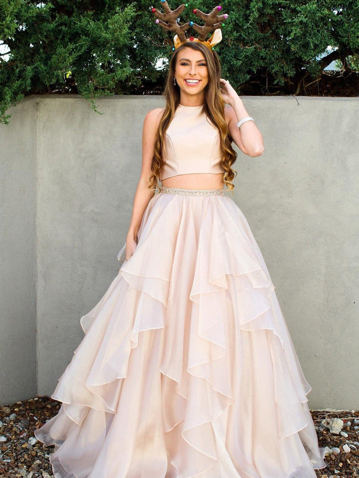 A Line Scoop Neck 2 Pieces Champagne/Pink Prom Dresses, 2 Pieces Formal Dresses, Evening Dresses